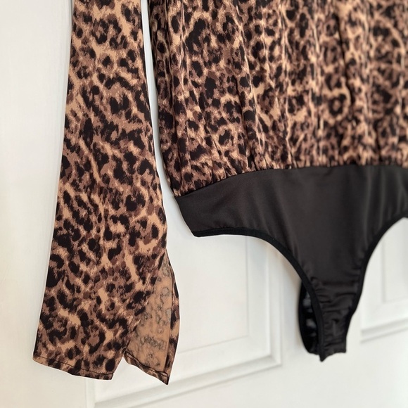 NWT Good American Wrap-effect Sepia Leopard-Print Satin Bodysuit 0 - Picture 11 of 15